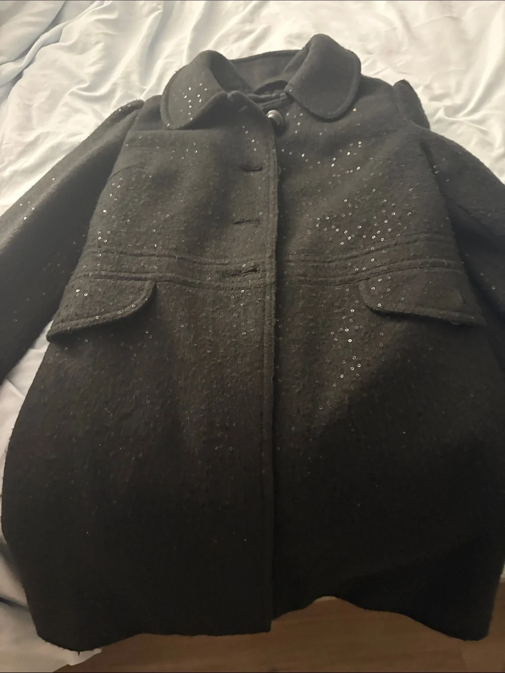 GAP Black Sequin-Embellished Wool Pea Coat